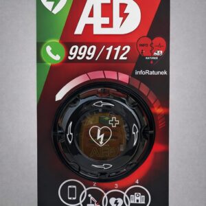 Zewnętrzna przyścienna stacja AED Nihon Kohden AED-3100 w obudowie Rotaid Solid Plus